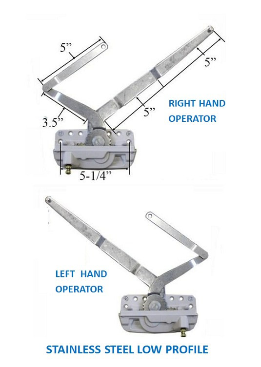 STAINLESS STEEL SEA COST Encore Dual arm style operator for Windsor Pinnacle casements from April 2006 to current: Sold as each LH or RH (special ordr Allow 5-6 weeks, no returns)