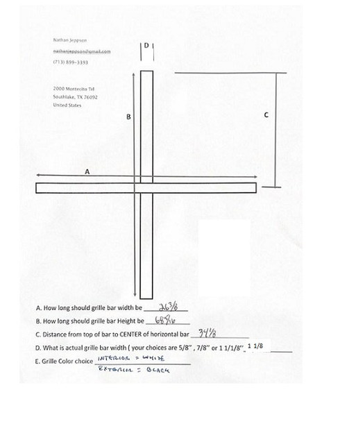 Custom Replascment SDL bars Only: 2wide x wide x 2high per attached picture  Bars to be prime wood contour interior and black clad exterior: Measurements to be: A= 26 3/8, B= 68 5/16, C= 34 1/8, D= 1 1/8: NOte bars are not exact as old Shelter. 