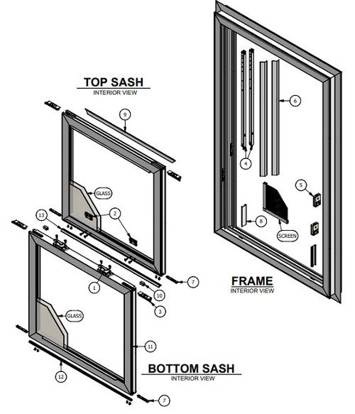 BOTTOM SASH ONLY:  for the Windsor Signiture Next Demension series Vinyl double hung manufactured 2006, low-e272 glass, silver spacer, inside visible glass 17w x 14h 