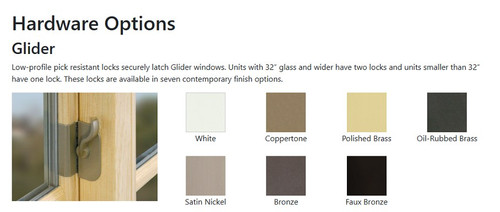 Mace Complete gliding window : U.D. 59-1/2" x 35-1/2, hartford green clad exterior, clear pine interior, low-e 272 glass, 4 9/16 jamb, silver spacer , coppertone hardware , green screen.