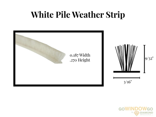 V1900 White pile weather strip .187x.270 Part # W13271NWOWOO  3/16 wide x 9/32 high( cames as 24ft roll) over stock no returns