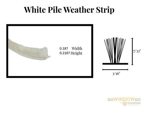 V700 White pile weather strip .187x.220 Part # W23221NWOOOO 3/16 wide x 7/32 high( comes as 24ft roll) over stock no returns
