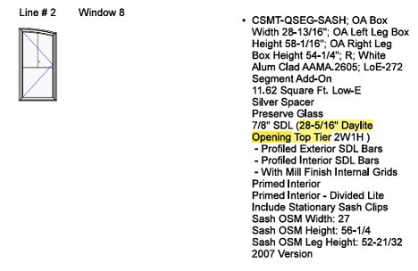Lincoln clad Right Hand Replacement segment head Casement SASH only, OSM width = 27 OSM height long leg = 56 1/4, OSM  hieght short leg 52 21/32:  white clad, primed interior, low-e 272, 7/8 SDL per picture, Mill finish GIAs  only