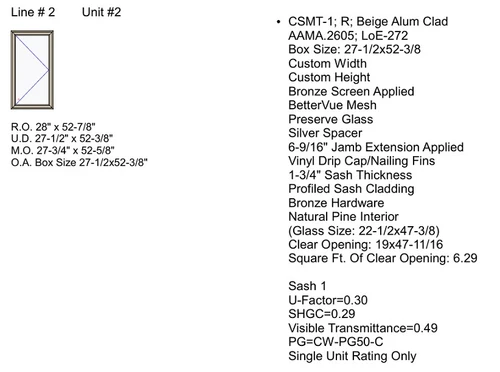  Custom Sized Lincoln 1-wide casement box size 27 1/2w  x 52 3/8 h, per specs in product description below 