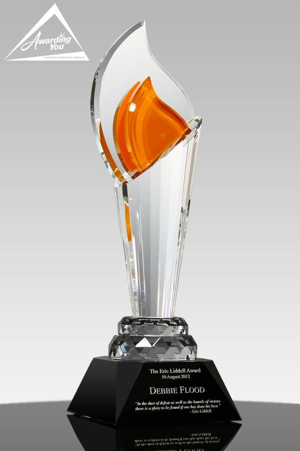 Custom Crystal Torch Award with Orange, Yellow & Black Crystal, 16" tall by Awarding You