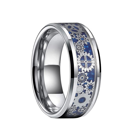 European And American Popular Avant-garde Men's 8mm Wide Inlaid Blue Carbon Fiber Gear Tungsten Ring
