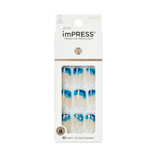 KISS imPRESS Long-Lasting Short Square Gel Press-On Nails Glossy Blue & White 30 Pieces