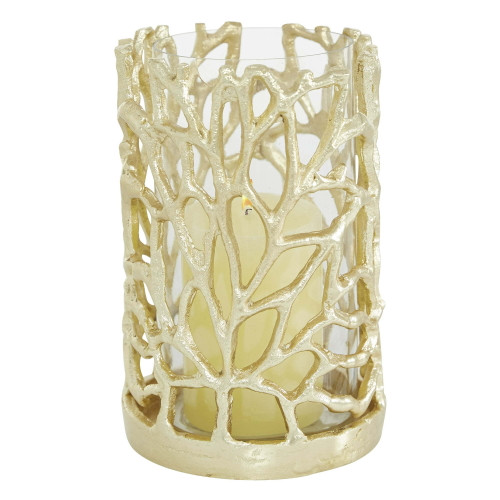 DecMode Gold Aluminum Decorative Candle Lantern with Coral Pattern