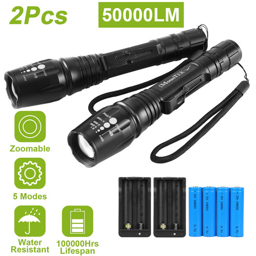 2Packs Tactical Military LED Flashlight 50000LM Zoomable Rechargeable Flashlight Torch w/ 5Modes SOS Night Light 