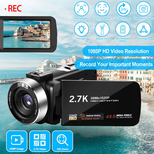 2.7K Camcorder 42MP 18X Zoom Digital Video Camera Rechargeable Vlogging Camera with 3in 270° Rotating IPS Screen Fill Light Remote Control Battery