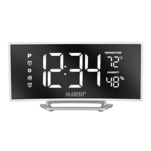 La Crosse Technology Curved Mirrored LED White Corded Electric Alarm Clock with USB, 602-249