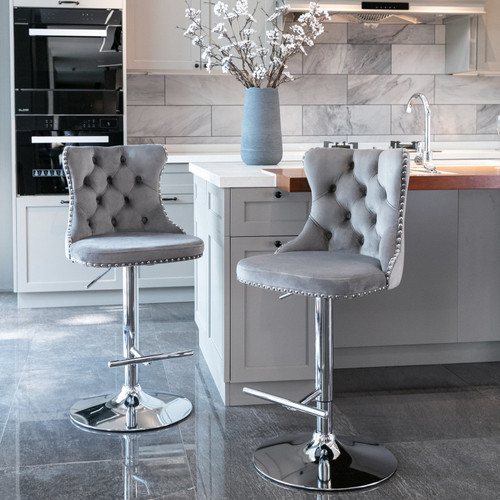 A&A Furniture,Swivel Velvet Barstools Adjusatble Seat Height from 25-33 Inch, Modern Upholstered Chrome base Bar Stools with Backs Comfortable Tufted for Home Pub and Kitchen Island(Gray,Set of 2)