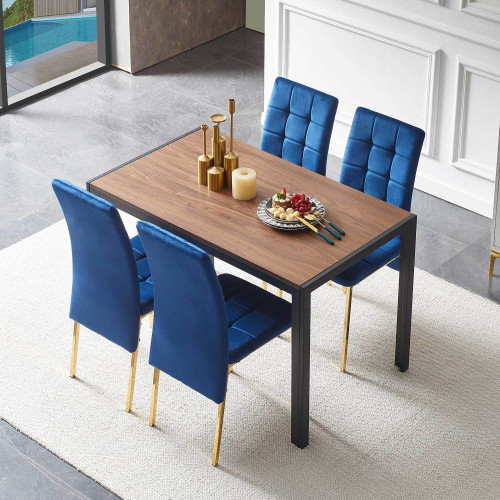 5-Piece Dining Set Including Blue Velvet High Back Golden Color Legs Nordic Dining Chair & Creative Design MDF Dining Table