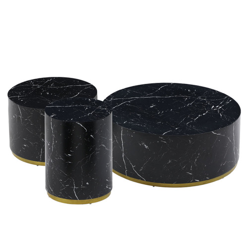 Set of 3 Black Marble Pattern Round Coffee Table side Table End Table Set for Living Room Fully Assembled