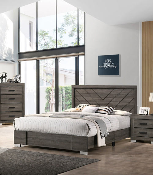 Contemporary Grey Finish Unique King Size Bed 1pc Bedroom Furniture Unique Lines Headboard Wooden