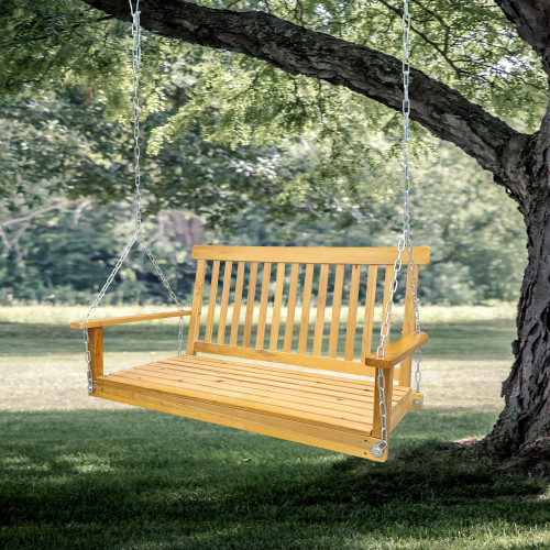 Front Porch Swing with Armrests;  Wood Bench Swing with Hanging Chains; for Outdoor Patio ; Garden Yard;  porch;  backyard;  or sunroom; Easy to Assemble; teak
