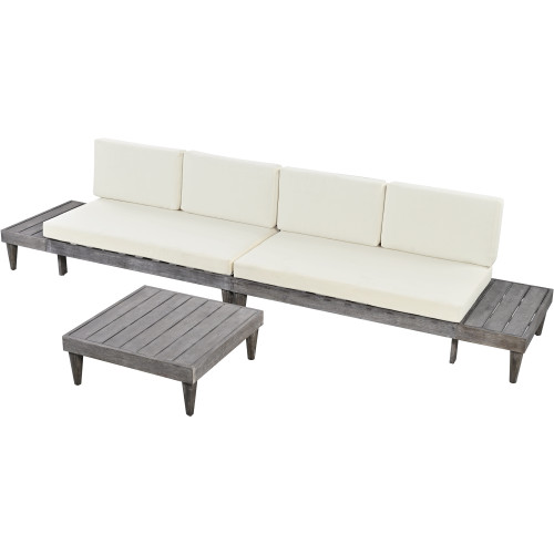 Outdoor 3-Piece Patio Furniture Set Solid Wood Sectional Sofa Set with Coffee Table Conversation Set with Side Table and Cushions; Grey+Beige