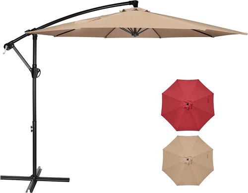 10ft Offset Umbrella Cantilever Patio Hanging Umbrella Outdoor Market Umbrella with Crank & Cross Base Suitable for Garden, Lawn, backyard and Deck, Tan