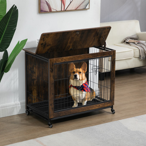23.6"L x 20"W x 26"H Dog Crate Furniture with Cushion, Wooden Dog Crate Table, Double-Doors Dog Furniture, Dog Kennel Indoor for Small Dog, Dog House, Dog Cage Small, Rustic Brown