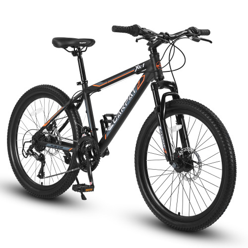 S24102 24 Inch Mountain Bike Boys Girls, Steel Frame, Shimano 21 Speed Mountain Bicycle with Daul Disc Brakes and Front Suspension MTB