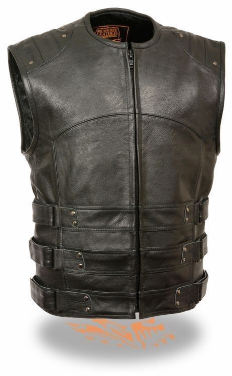 MENS MOTORCYCLE SWAT TACTICAL STYLE BLACK LEATHER VEST SA37 ezeesource