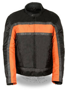 MENS MOTORCYCLE BLACK TEXTILE RACER JACKET w/ ORANGE REFLECTIVE STRIPES - SA69