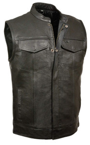 MENS MOTORCYCLE OPEN NECK PREMIUM LEATHER VEST w/ DUAL CONCEAL GUN POCKETS -SACI