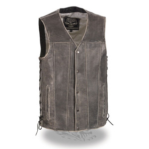 MENS MOTORCYCLE DISTRESSED GREY SIDE LACES LEATHER VEST w/ TWO GUN POCKETS -SADB MENS MOTORCYCLE DISTRESSED GREY SIDE LACES LEATHER VEST w/ TWO GUN POCKETS -SADB