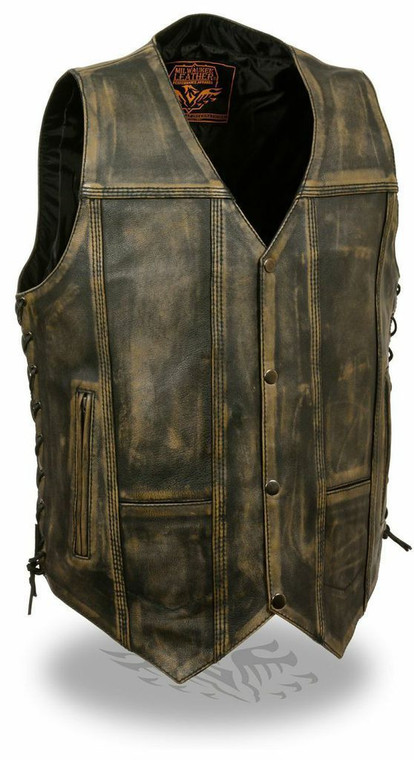 MENS 10 POCKET DISTRESSED BROWN LEATHER VEST LACE SIDES - SA41