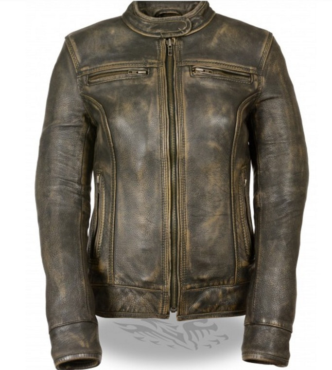 WOMENS LEATHER BROWN DISTRESSED SCOOTER JACKET - SA48