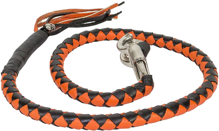 42" LENGTH LEATHER BRAIDED ORANGE BLACK THREADED FRINGE WHIP FOR MOTORCYCLE-DD56