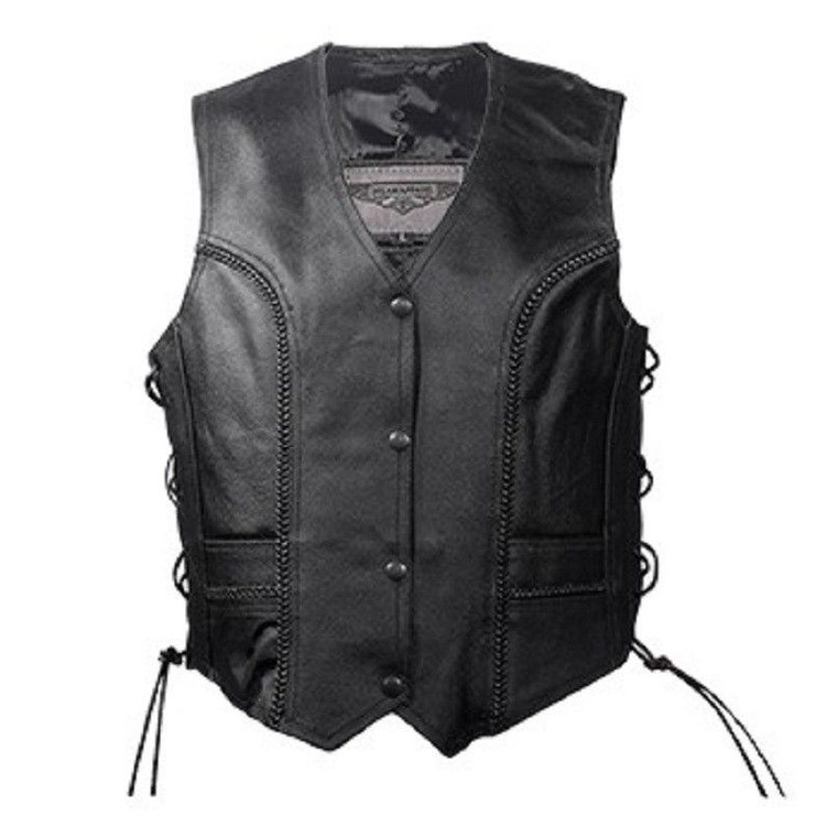 LADIES WOMENS BIKER MOTORCYCLE BRAIDED SOFT PREMIUM LEATHER VEST w / LACE - DA49