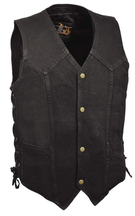 MENS MOTORCYCLE BLACK 14.5oz COTTON DENIM VEST w/ DUAL CONCEAL GUN POCKETS -SADU