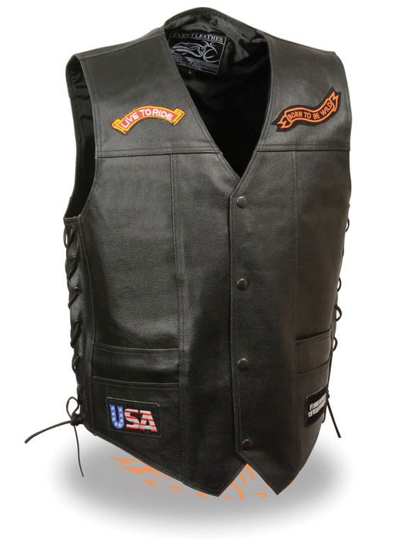 EVENT LEATHER MENS 9 PATCHES LEATHER VEST w/ LIVE TO RIDE EAGLE PATCH - SAFX