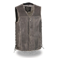 MENS MOTORCYCLE DISTRESSED GREY SIDE LACES LEATHER VEST w/ TWO GUN POCKETS -SADB