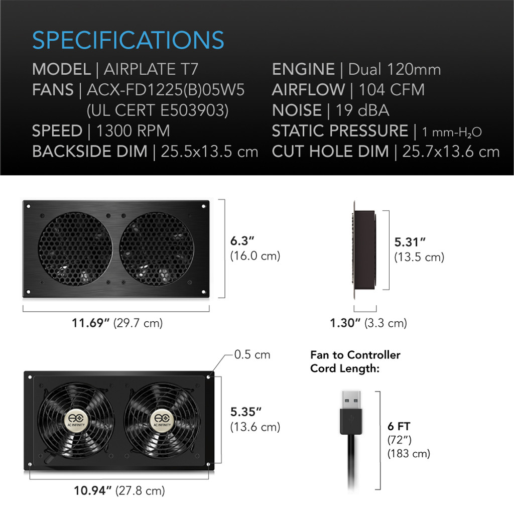 AIRPLATE T7, Home Theater and AV Quiet Cabinet Cooling Fan System, 12 Inch