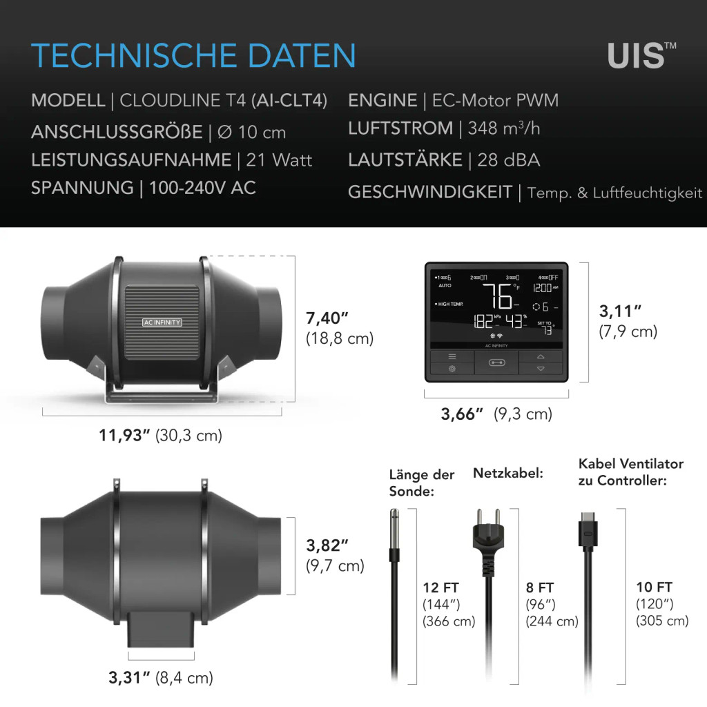 CLOUDLINE PRO T4 – Leiser 100 mm Inline-Rohrventilator mit Temperatur-, Feuchte- und VPD-Controller, WiFi-App-Steuerung, EC-Motor, Abluftventilator für Growzelte und -räume
