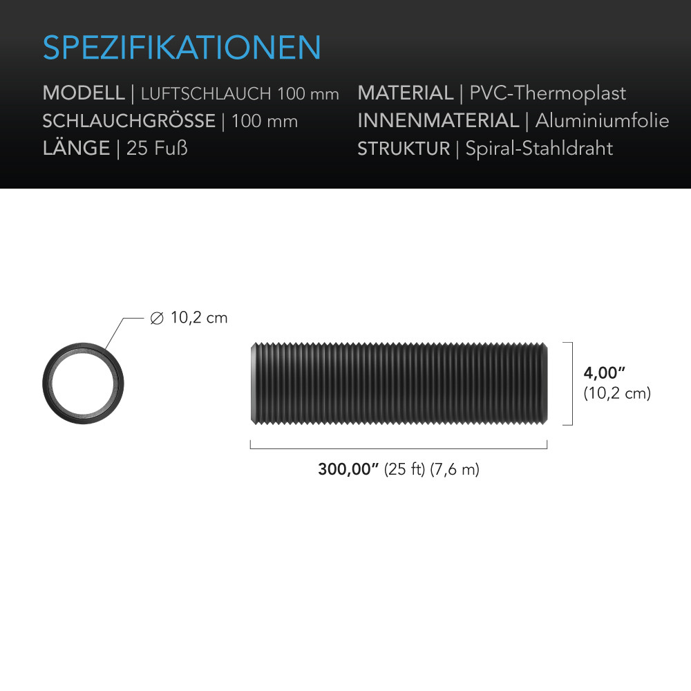 Flexibler Vierlagen-Schlauch, 7,6 m Länge, Ø 100 mm