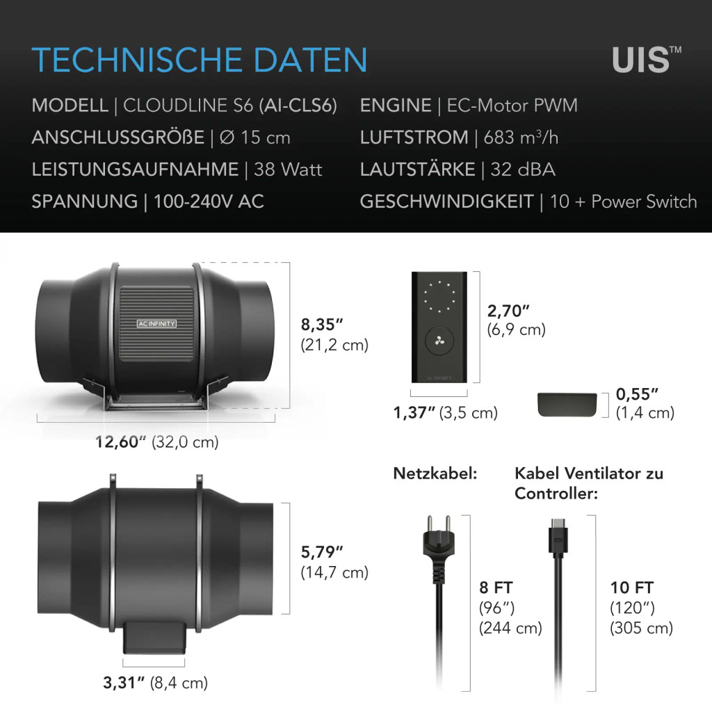 CLOUDLINE S6 – Leiser 150 mm Inline-Rohrventilator mit Drehzahlregler, EC-Motor, Abluftventilator für Growzelte und -räume