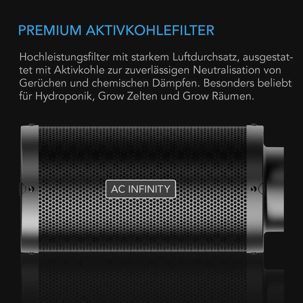 Aktivkohlefilter 200 mm – mit Premium-Aktivkohle aus Australien, passend für Inline-Lüfter zur Geruchskontrolle in Grow Zelten, Grow Räumen und Hydroponik-Systemen