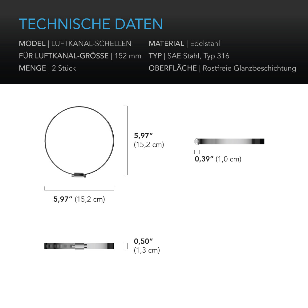 AC Infinity Edelstahl-Luftkanal-Schellen, 150 mm (2er-Pack) für Luftkanäle, Heizung, Kühlung, Abluft, Belüftung