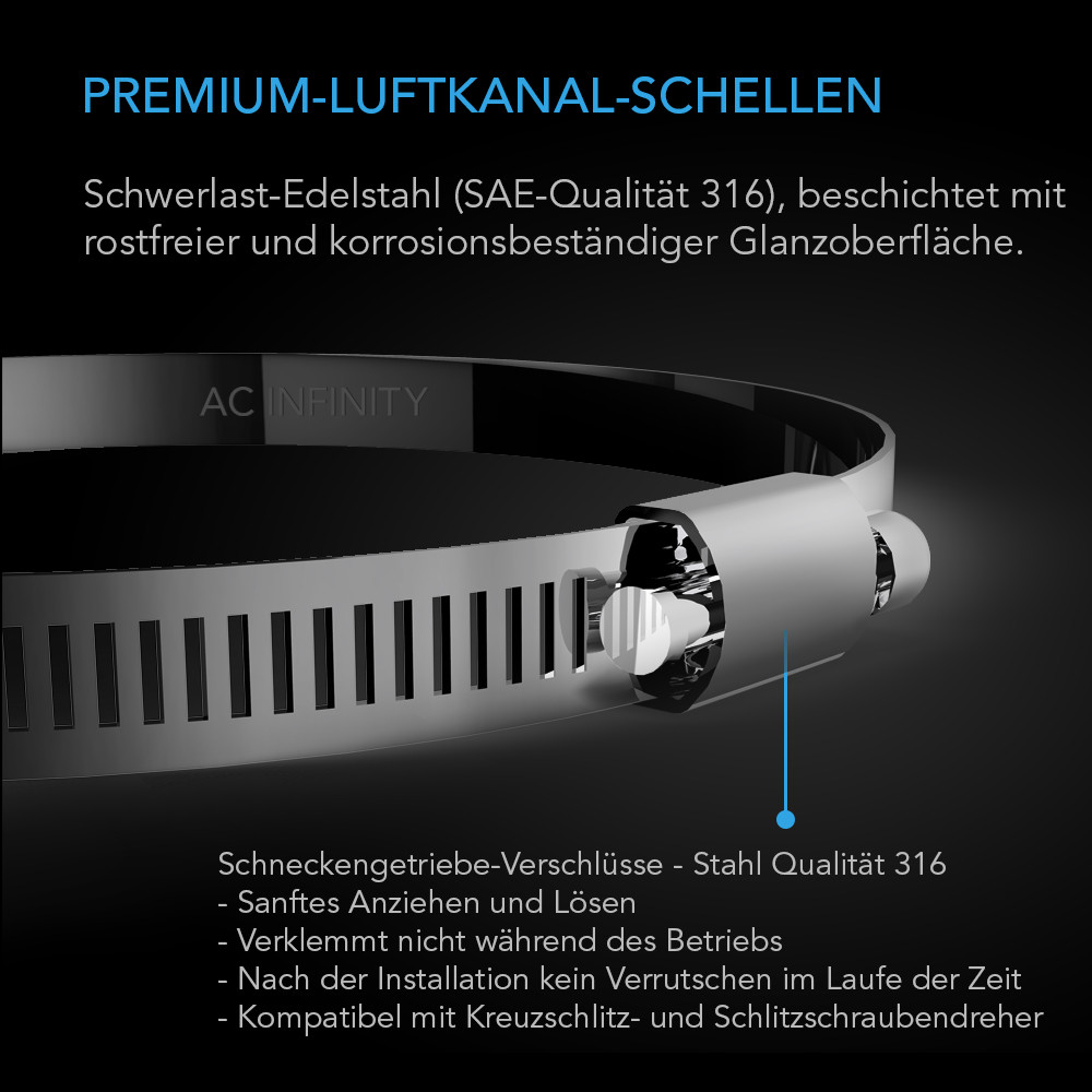 AC Infinity Edelstahl-Luftkanal-Schellen, 150 mm (2er-Pack) für Luftkanäle, Heizung, Kühlung, Abluft, Belüftung