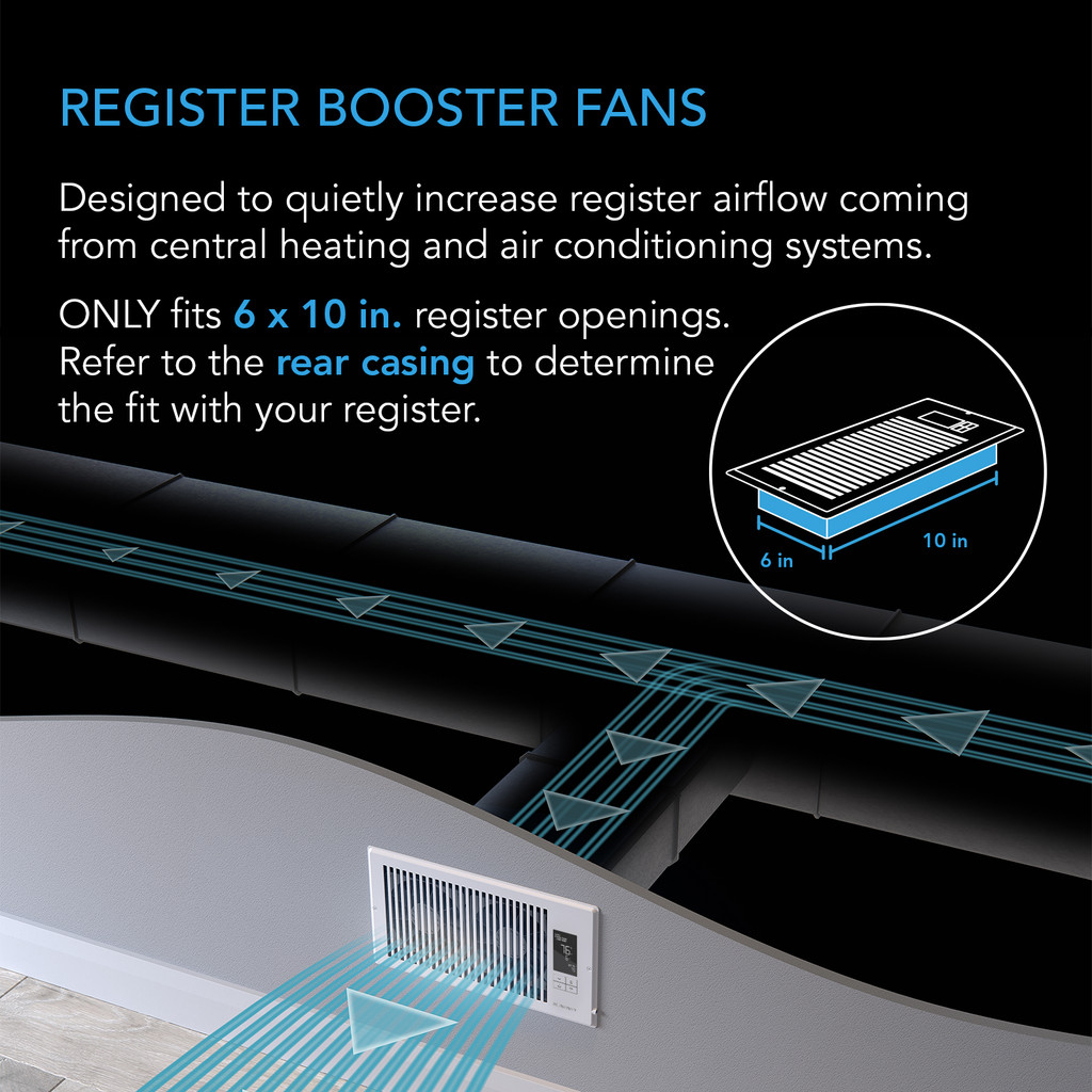 AIRTAP T6, Quiet Register Booster Fan, White, for 6" x 10" Register Holes, Bluetooth App Control, Data, and Alerts