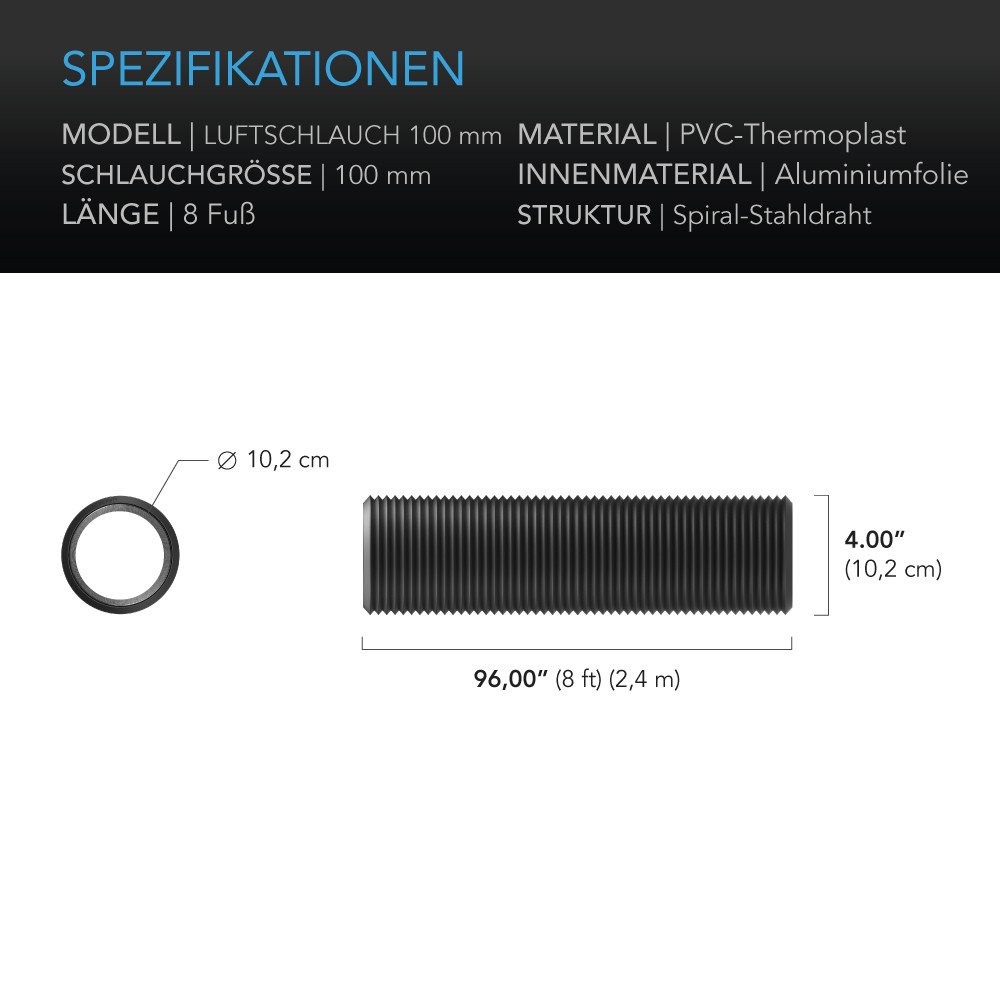 Flexibler Vierlagen-Schlauch, 2,4 m Länge, Ø 100 mm