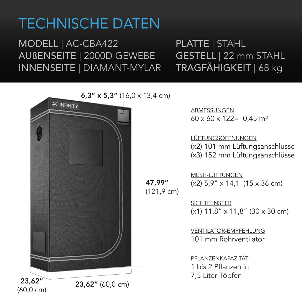 AC Infinity CLOUDLAB 422 Advance Grow Zelt, 60 x 60 x 120 cm, Dickste 22 mm Stangen, Besonders dichtes 2000D Diamant-Mylar-Gewebe, 60x60 cm für Hydroponik Indoor-Anbau