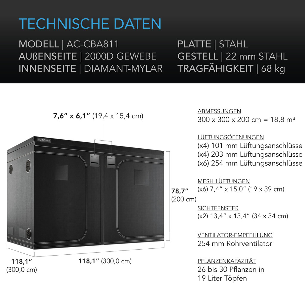 AC Infinity CLOUDLAB 811 Advance Grow Zelt, 300 x 300 x 200 cm, Dickste 22 mm Stangen, Besonders dichtes 2000D Diamant-Mylar-Gewebe, 300x300 cm für Hydroponik Indoor-Anbau