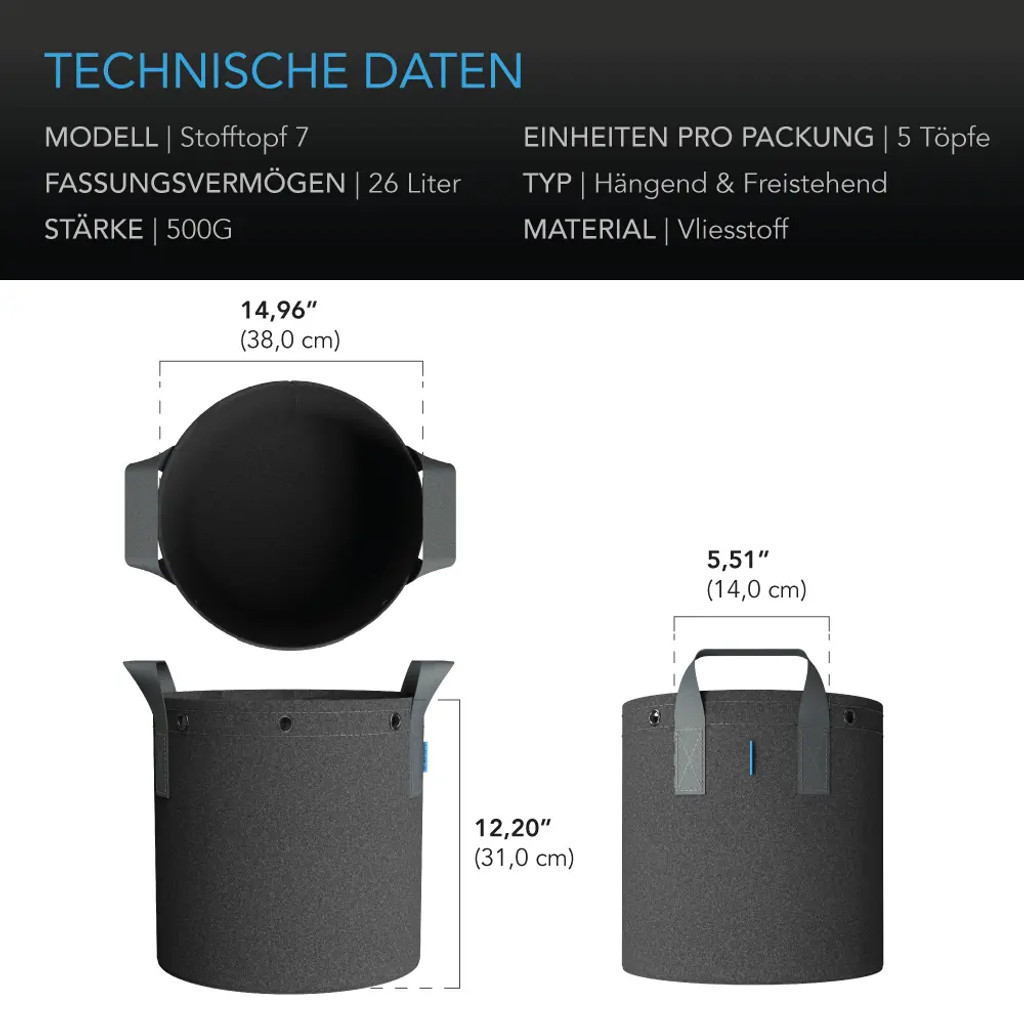 Hochbelastbare wiederverwendbare Stofftöpfe, 26,5 Liter, 5er-Pack – 500 g/m² Vliesstoff, inklusive Metallringe für vielseitiges Pflanzen-Training