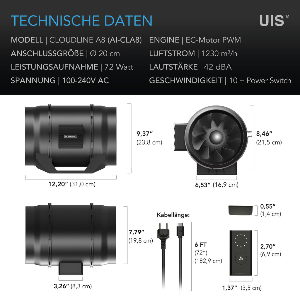 CLOUDLINE A8 – Leiser 200 mm Inline-Rohrventilator mit Drehzahlregler, EC-Motor, Abluftventilator für Growzelte und -räume