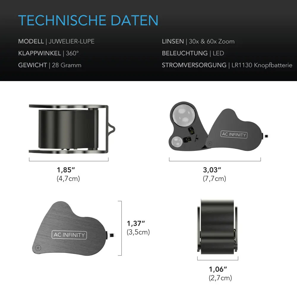 Juwelier-Lupe, Taschen-Vergrößerungsglas mit LED-Licht & Doppel-Linsen, 30x 60x Zoom für Schmuck, Uhren, Münzen, Briefmarken, Pflanzen-Buds