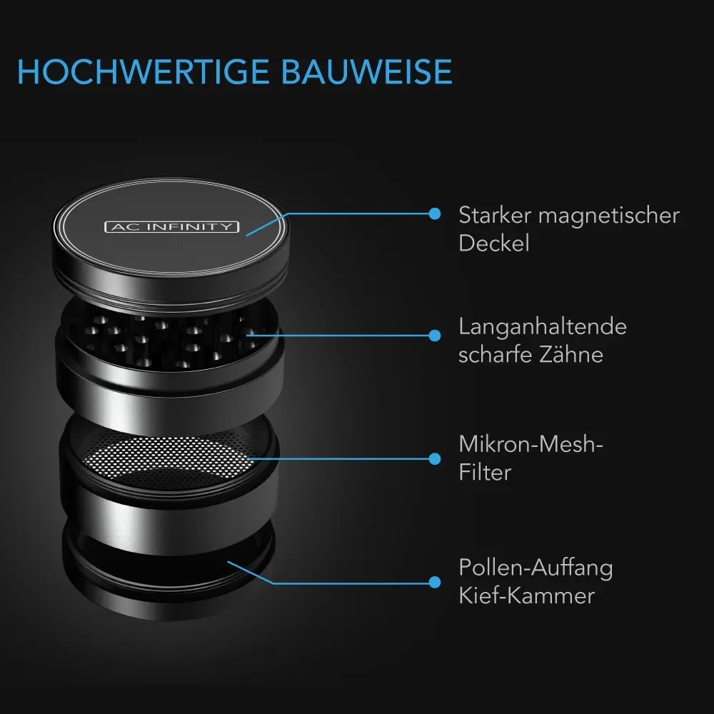 3‑Kammer Kräutermühle, schwarz, 5 cm – Aluminiumlegierung mit magnetischem Deckel und ultra‑scharfen Zähnen für fein gemahlene Kräuter und Gewürze